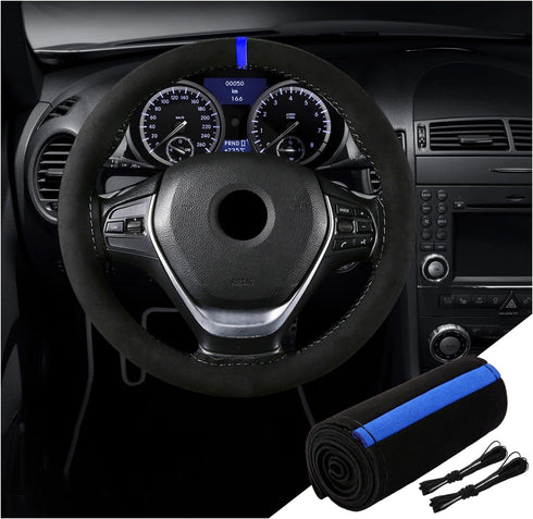 Car Steering Wheel Cover, Anti-Slip Auto Stitch on Wrap Steering Wheel Protector for Max Diameter 15 Inch, DIY Sewing with Needle Thread, Universa...