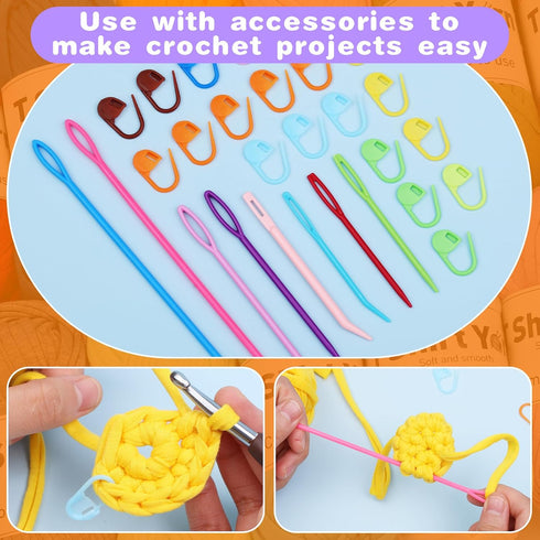 4 Pack T-Shirt Yarn Set, 3.5Oz Flat Crochet Yarn Soild Color Crocheting Yarn with Knitted Plastic Eye Needles for Summer Hand DIY Crocheting Proje...