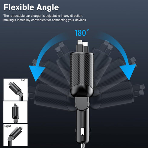 PLDHPRO Retractable Car Charger 4 in 1 62W Fast Charging Adapter, Retractable Cable and Dual Charger Ports Compatible iPhone 15/14/13/12 Pro Max X...