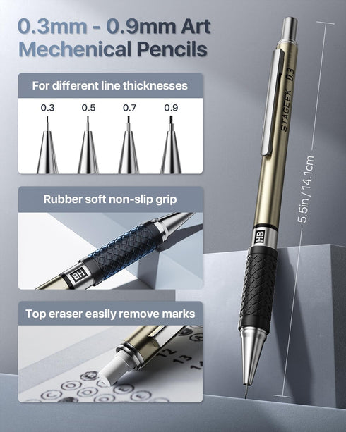 6PCS Art Mechanical Pencil Set, Drafting Pencil 5 Sizes- 0.3, 0.5, 0.7, 0.9MM & 2PCS 2.0MM Mechanical Drawing Pencils with 492PCS Leads (HB 2H 2B ...