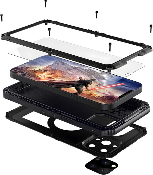 Waterproof Case for iPhone 13 Pro Max Metal Case Heavy Duty Case Full Body Dustproof Dropproof Aluminum Alloy Case with Silicone Built-in Screen P...