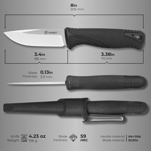 Ganzo G807-BK Fixed Blade Knife 9CR14 Stainless Steel Blade Ergonomic Anti-Slip Handle Camping Hunting Fishing Outdoor EDC Knife with PP Scabbard ...