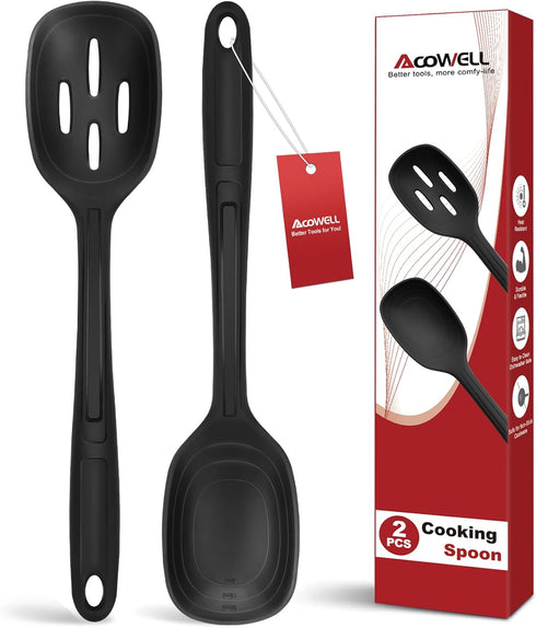 Silicone Cooking Spoon Set, Premium Non-Stick Solid and Slotted Spoon Pack of 2 Kitchen Basting Spoons for Cooking, Large Heat-Resistant Utensils ...