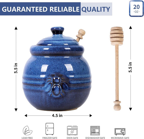 Cutiset Ceramic Honey Pot with Lid and Dipper, 20oz rustic Honey Jar (Blue)...