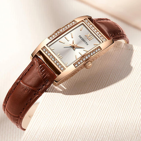 FANMIS Fashionable Rectangular Diamond Inlaid Small Dial Waterproof Women's Leather Quartz Watch...