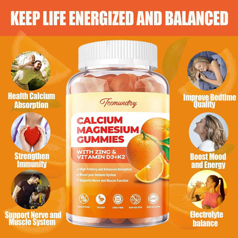Calcium Magnesium Zinc Gummies with Vitamin D3 & K2 - High Absorption Magnesium Glycinate 400mg - Sugar Free Calcium Supplement - Support Nerve Mu...