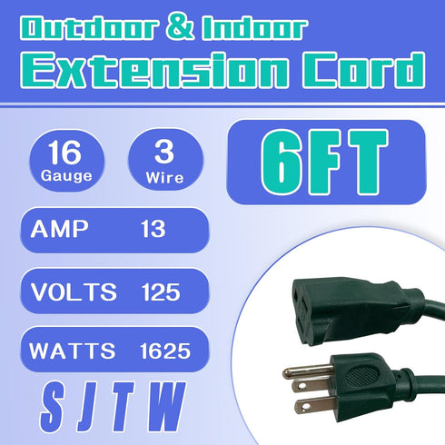 6 Ft Outdoor Extension Cord for Christmas Decorations- 16/3 SJTW Waterproof Power Cable with 3 Prong Grounded Plug, Green...