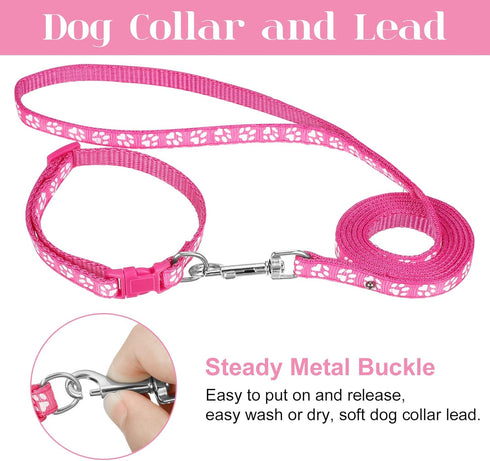 2 Packs Dog Collar and Leash Set, Puppy Collar and Lead Set Quick Release Buckle Adjustable Paw Print Puppy Collar Soft Nylon Pet Collar for Puppy...