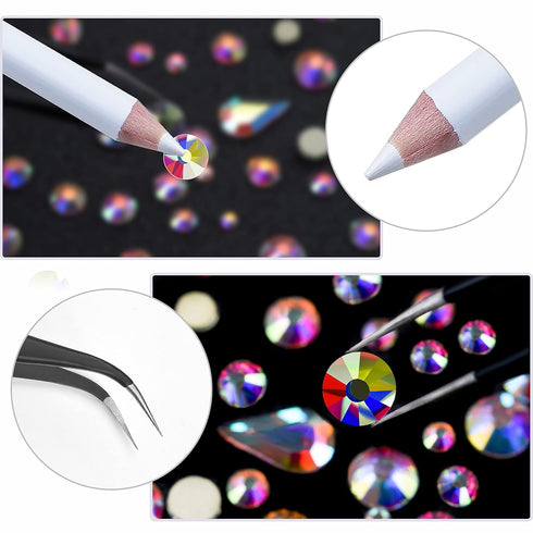 HUETFAT 2400 Pieces Flat Back Gems Round Crystal AB Rhinestones 6 Sizes (1.9-4.5 mm) with Storage Organizer Box Wax Pencil Tweezers for Nail Art C...