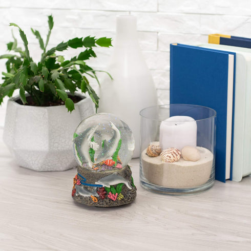 Elanze Designs Dolphin World Coral Reef Ocean Under The Sea Family Fish Coral Seaweed Tabletop Figurine 100MM Music Glitter Water Snow Globe Plays...