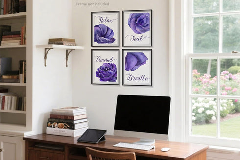 heshengzaixian Purple Flower Bathroom Wall Art Print,Mauve Rose Floral Relax Soak Unwind Breathe Quotes Bathroom Set,Modern Boho Minimalist Decor ...
