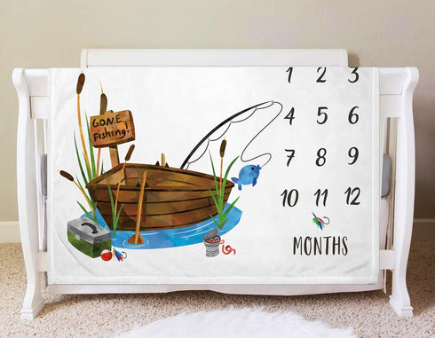 Fishing Baby Milestone Blanket with Birth Stat Sign, Gone Fishing Baby Growth Chart Monthly Blanket, Watch Me Grow Fishing Boat Baby Nursery for N...