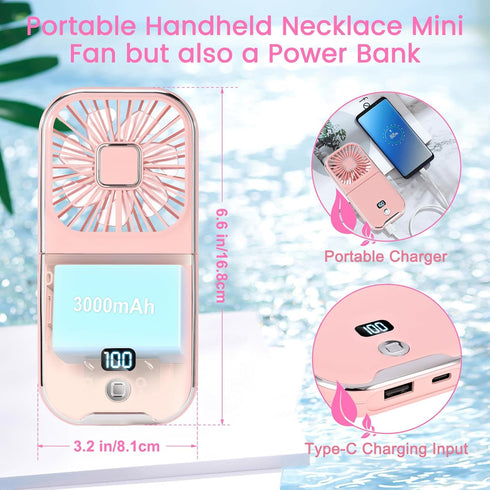 Portable Handheld Fan, Mini Cute Neck Personal Fan with Phone Holder, 3000mAh Rechargeable Power Bank?Small Desk Fan for Home Office Outdoor Trave...