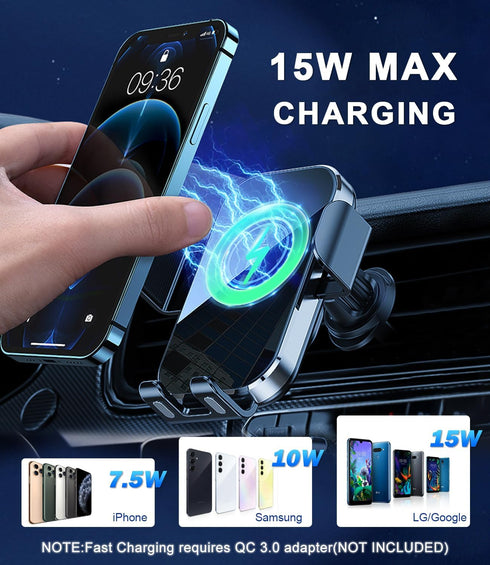 Wireless Car Charger Mount, 15W Fast Charging Auto Clamping Car Charger Holder for iPhone/Samsung for iPhone 15 14 13 12 11 Pro,Samsung Galaxy S23...