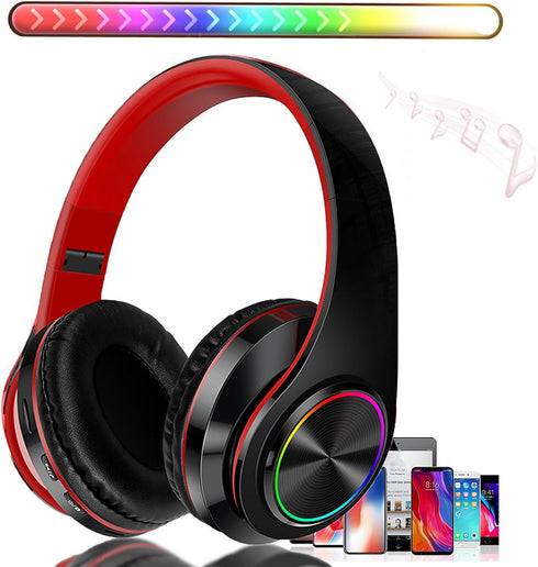 Bluetooth Wireless Over Ear Headphones, HiFi Stereo Sound Foldable Headphones,Colorful LED Lights Headphones with Built-in Mic,Wired for School/Ta...