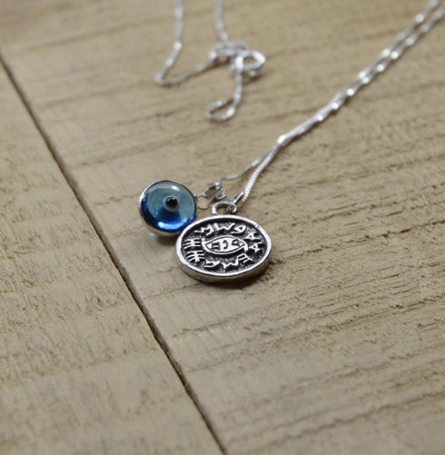 Silver Coin Protection Charm Necklace - 20" Silver Box Chain with Blue Evil Eye Glass Charm - Unisex Pendant for Protection - Includes Cotton Pouc...
