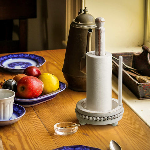 Farmhouse Paper Towel Holders Washed Beaded Wood Paper Towel Stand Rustic Pedestal Standing Paper Towel Roll Dispenser Rack for Kitchen Bathroom D...
