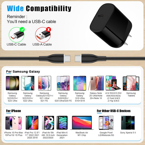 USB C Fast Samsung Charger Block for Samsung Galaxy S23 Ultra FE A54 5G A14 5G A13 A53 A03s A23 S23 FE S22 S21 S20 Z Flip 5 Z Fold 5,iPhone 15 Pro...