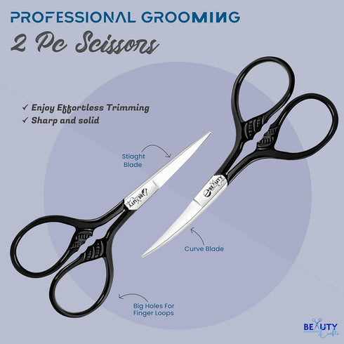 3.5'' 2PC Facial Hair Scissors For Men Women - Eyebrow Scissors Grooming Scissors Mustache, Nose, Beard, Eyebrows, Eyelashes Hair Scissors Curved ...