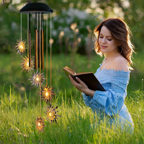Solar Sun Wind Chimes for Outside Solar Sun Moon Star Wind Chimes Outdoor Hanging Lights Warm LED Outdoor Sun Decor Sun Gifts for Wife Mother Gran...