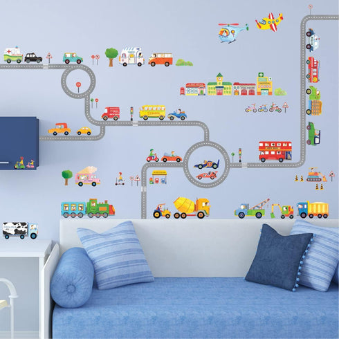 DECOWALL SG3-1404P1405 The Road and Cars Kids Wall Stickers Wall Decals Peel and Stick Removable Wall Stickers for Kids Nursery Bedroom Living Roo...