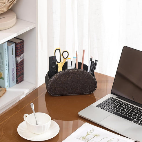TV Remote Holder, PU Leather TV Remote Holder For Table with 5 Compartments, Office Desk Organizer for Pen, Pencil, Stationary, Brown PH89...