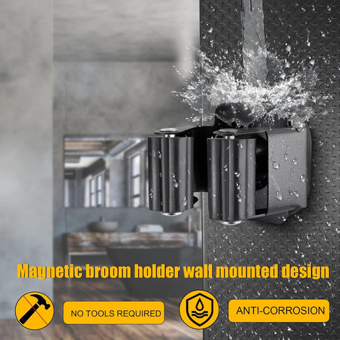 Upgraded Magnetic Broom and Mop Holder Wall Mount, Space-Saving Heavy Duty No Drill Over the Door Broom Gripper RV Camper Wall Organizer,Black,2 P...