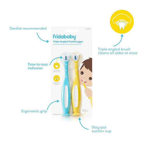 Frida Baby Triple-Angle Toothhugger Training Toddler Toothbrush | Toddler Toothbrush 2 Years and Up, Cleans All Sides at Once | 2 Pack (Yellow + B...