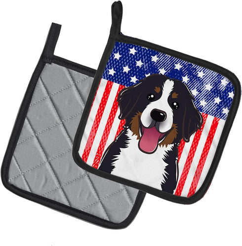 Caroline's Treasures BB2167PTHD American Flag and Bernese Mountain Dog Pair of Pot Holders Kitchen Heat Resistant Pot Holders Sets Oven Hot Pads f...