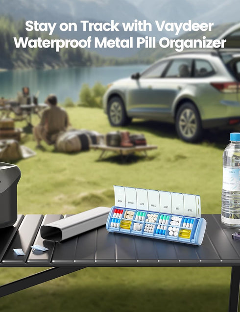 Vaydeer Metal Travel Pill Organizer (Support 2 Times a Day), 7 Day Weekly Pill Box, Large Capacity Daily Cute Pill Case for Supplements, Pills, Vi...