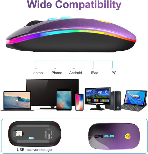 LED Wireless Mouse, Bluetooth Mouse &2.4GHz Instant Connection,Rechargeable Ultra Silent Slim,3 DPI 2 Connection Modes with USB-C to USB Adapter f...