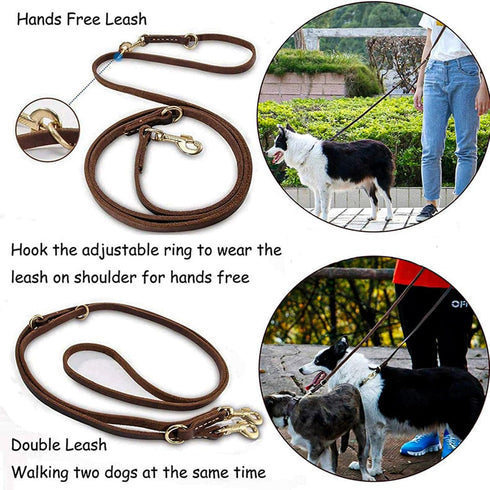 Leather Dog Leash - 8FT Multi Function Genuine Leather Leash for Dogs, Hands Free Dog Training Leash, Adjustable Slip Lead Dog Leash for Small, Me...