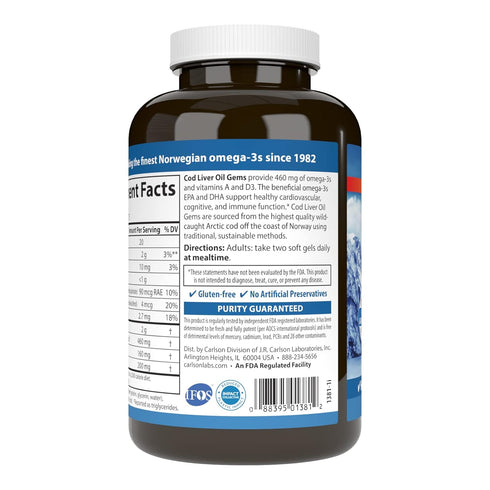 Carlson - Cod Liver Oil Gems, 460 mg Omega-3s, Plus Vitamins A and D3, Wild Caught Norwegian Arctic Cod Liver Oil, Sustainably Sourced Nordic Fish...