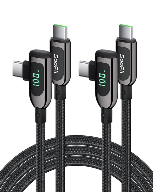 SOOPII 100W Right Angle USB C to USB C Cable,2Pack 4FT Zinc Alloy Braided Type-C Cable with LED Display for lphone 15, lPad Air/Pro,MacBook Pro,Sa...