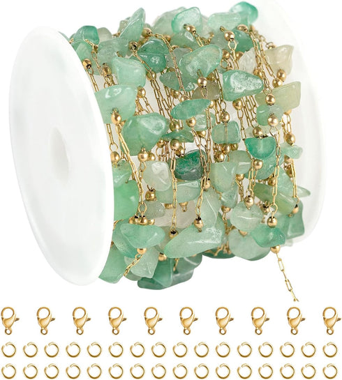 YOUBEIYEE 13 Feet Green Stone Chains for Jewelry Making Gold Plated Stainless Steel Jewelry Chain Roll Handmade Natural Healing Gemstone Chain Nec...