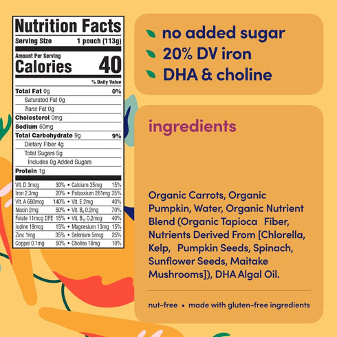 Cerebelly Baby Food Pouches – Organic Carrot Pumpkin (4 oz, Pack of 6) - Toddler Snacks - 16 Brain-supporting Nutrients, Healthy Snacks, Made with...