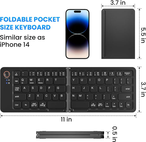 Mini Foldable Bluetooth Keyboard - Portable Wireless Full Size Keyboard (Sync Up to 3 Devices), Ultra-Slim Aluminum Travel Folding Keyboard for iP...