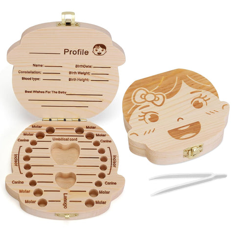 NASHRIO Baby Tooth Box Wooden Kids Keepsake Organizer Gift for Baby Teeth, Cute Children Tooth Container with Tweezers to Keep the Childwood Memor...