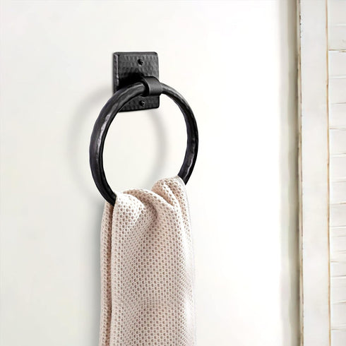 Monarch Abode 19131 Round Towel Ring Holder - Hand Hammered Wall Mount Bathroom & Kitchen Storage - Metal Towel Hanger - 7 Inch Matte Black - Rust...