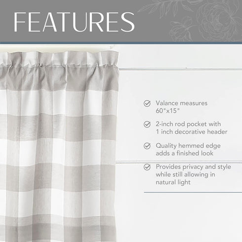 Elrene Home Fashions Farmhouse Living Buffalo-Check Valance, Bathroom or Kitchen Valance for Windows, 60" x 15" (1 Valance), Gray/White...