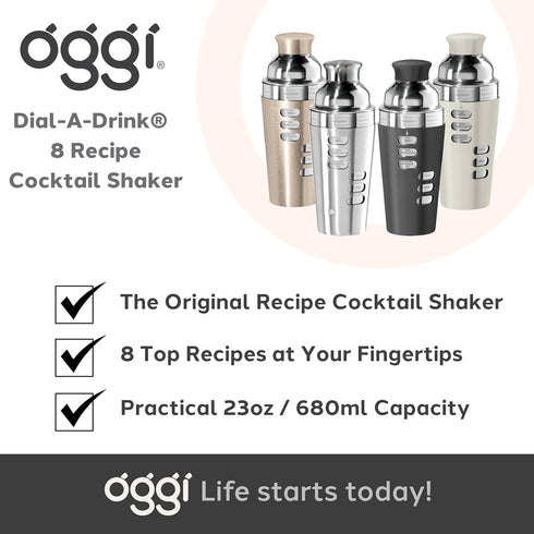 OGGI Dial A Drink Cocktail Shaker-23oz Stainless Steel Shaker, 8 Recipes, Stainless Steel Lid has Built In Strainer, Ideal Cocktail Mixer, Martini...