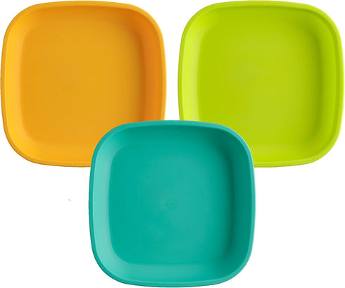 Re-Play Toddler Plates - 22 Oz. Deep-Walled Flat Kids Plates - Dishwasher & Microwave Safe - Made in USA - Set of 3-7.37" x 7.37" x 1.25" - Aqua A...