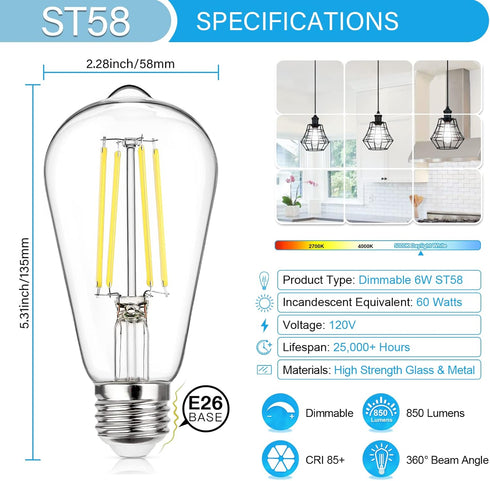 MAXvolador Vintage LED Edison Bulb Dimmable 60W Equivalent 850 Lumens, 6W Edison Light Bulbs 5000K, Antique ST58 LED Filament Bulb E26 Base, Pack ...