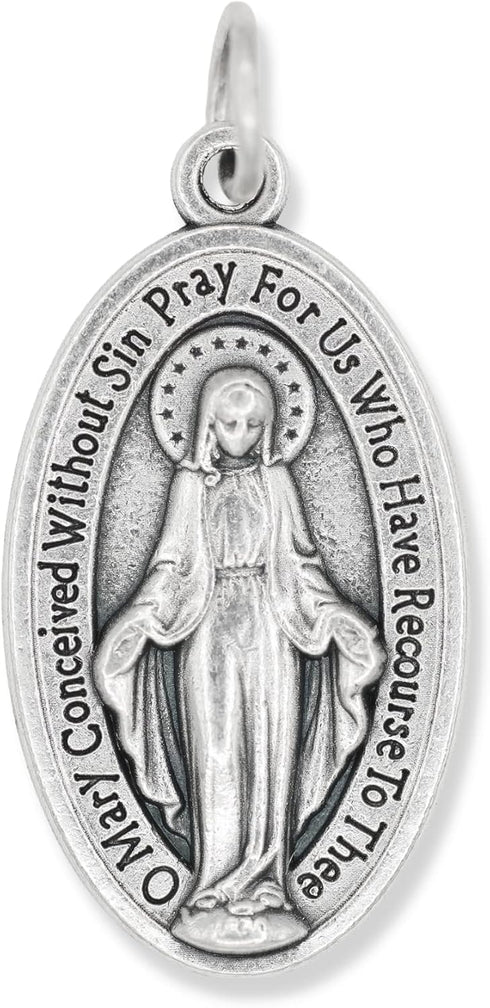 Pack of 5 - Large Oval Miraculous Medals in English (1.125", Silver Oxidized) - Made in Italy, Catholic Mary Pendant for Necklace...