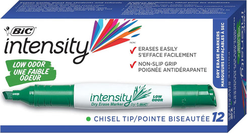 BIC Intensity Low Odor Dry Erase Marker, 12 Pack, Chisel Tip, Tank, Green, Erases Cleanly, Non-Toxic Markers...
