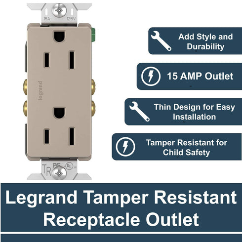 Legrand radiant 885TRNICC12 15 Amp Tamper Resistant Decorator Duplex Outlet, Side Wire or Push Wire, Nickel (1 Count)......