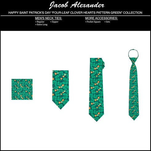 Jacob Alexander Men's Happy Saint Patrick's Day Four-Leaf Clover Hearts Pattern Pre-Tied Zipper Neck Tie - Green...