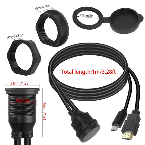 QIANRENON USB C&HDMI Threaded Flush Mount Waterproof Cable Adapter USB C 2.0+HDMI 1.4 Male to Female Panel Mount Extension Cable, 4K@60HZ, for Car...