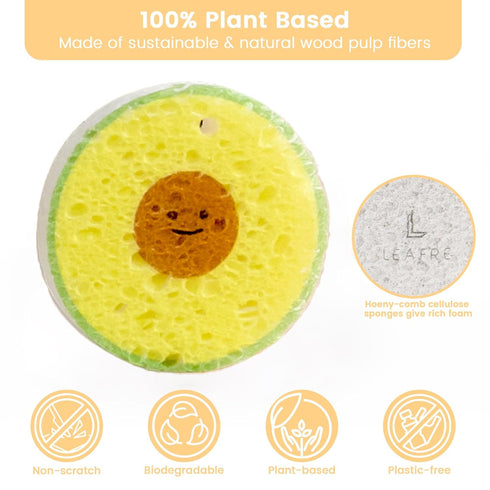 Cellulose Compressed Eco-Sponge 5 Pack- Avocado Sandwich Set |Standard Size| Plastic-Free & Made of All-Natural Wood Pulp | Showering, Dishwashing...