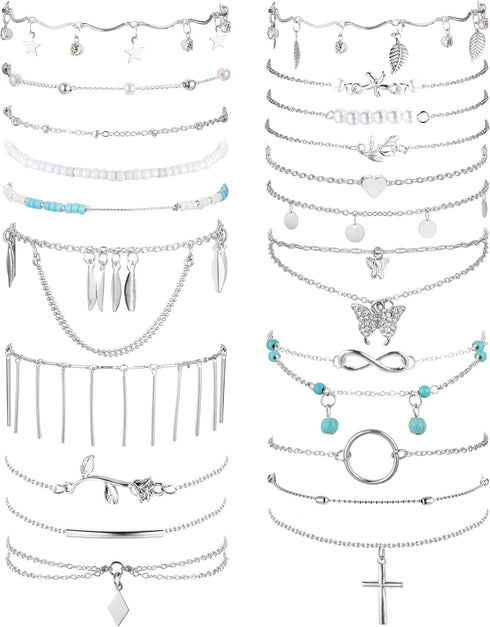 ORAZIO 21 Pcs Ankle Bracelets for Women Silver Gold Plated Anklets Bracelets Boho Adjustable Anklet Heart Infinite Link Chain Layered Anklet Foot ...